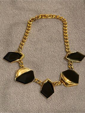 Vintage Monet Gold Tone Necklace with Black Geometric Stones - Women Jewelry